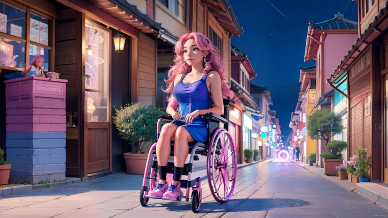 202305192055251670469618-3572706141-masterpiece upper-body shot of a gorgeous beautiful woman in a wheelchair _lora_wheelchair-20_0.4_ in Seoul at night, caustics,.jpg